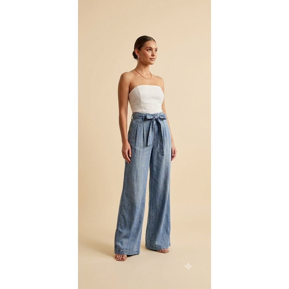 Francesca Wide Leg Jeans: Cinch-Waist, Tie-Belt & Floor-Length Light Wash Denim